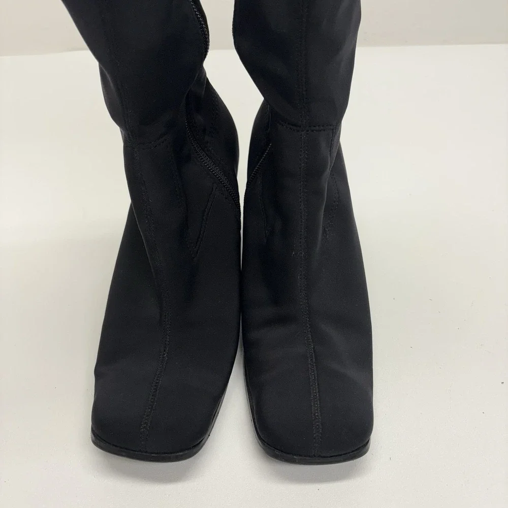 Wesley & Co Vintage 90s Y2K Black Sock Boots Knee High Square Toe Chunky Heel 6 - Picture 5 of 12